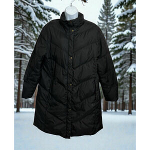 Women's Lands' End Black Puffer Long Coat Sz L 14-16 Goose Down Full Zip Pockets